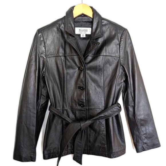 Wilson's Leather Maxima Black Belted Button Down Jacket Size Medium - Picture 1 of 6
